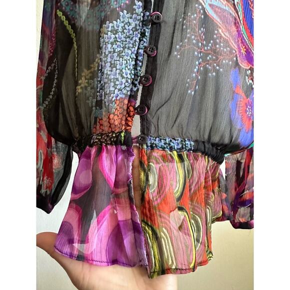 Desigual Sheer Multi Color Floral Print Long Sleeve Tunic Blouse Top Y2K Size M - Picture 7 of 9